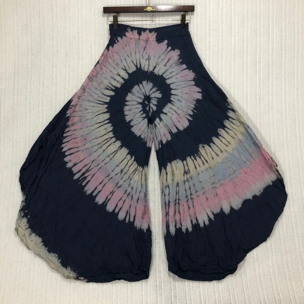 Navy Pink Tie Dye Wide Leg Palazzo Pants Boho Rayon Festival Summer One Size - Picture 3 of 8